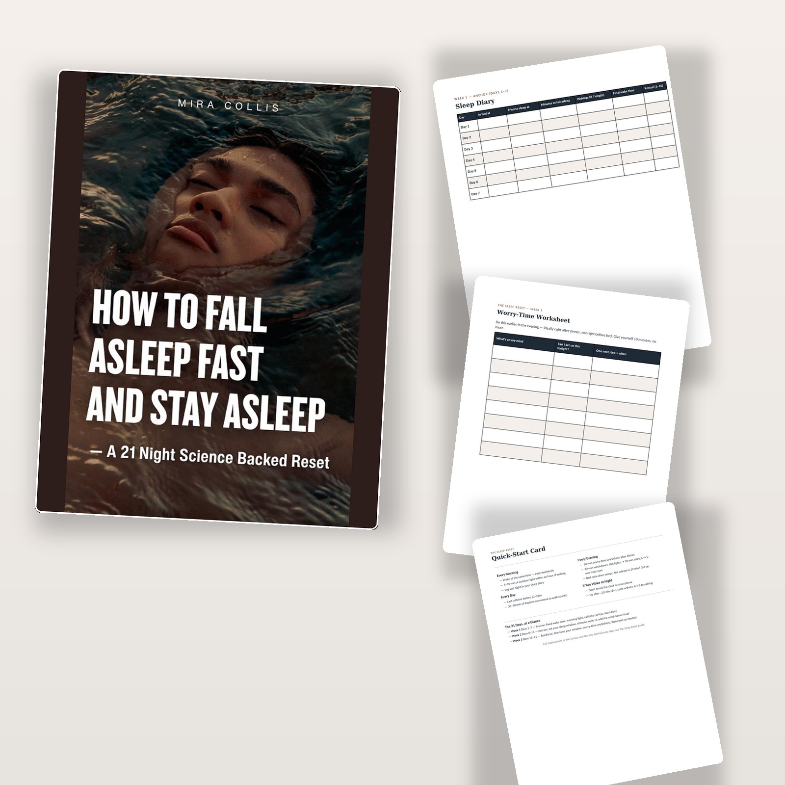 The Sleep Reset kit: ebook, sleep diary, worry-time worksheet and quick-start card